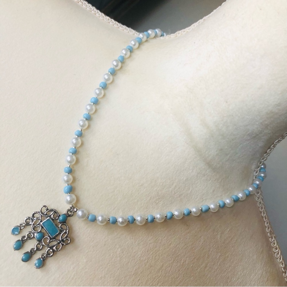 Handcrafted repurpose turquoise enamel chandelier Czech glass Pearl necklace